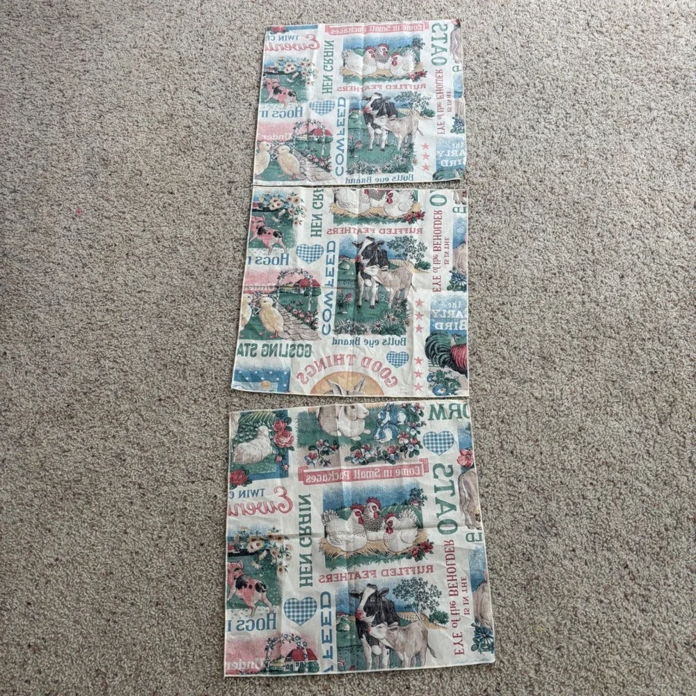 Set‎ of 3 Vintage Style Farmhouse Cloth Napkins Feed Sack Cottage Country Cows